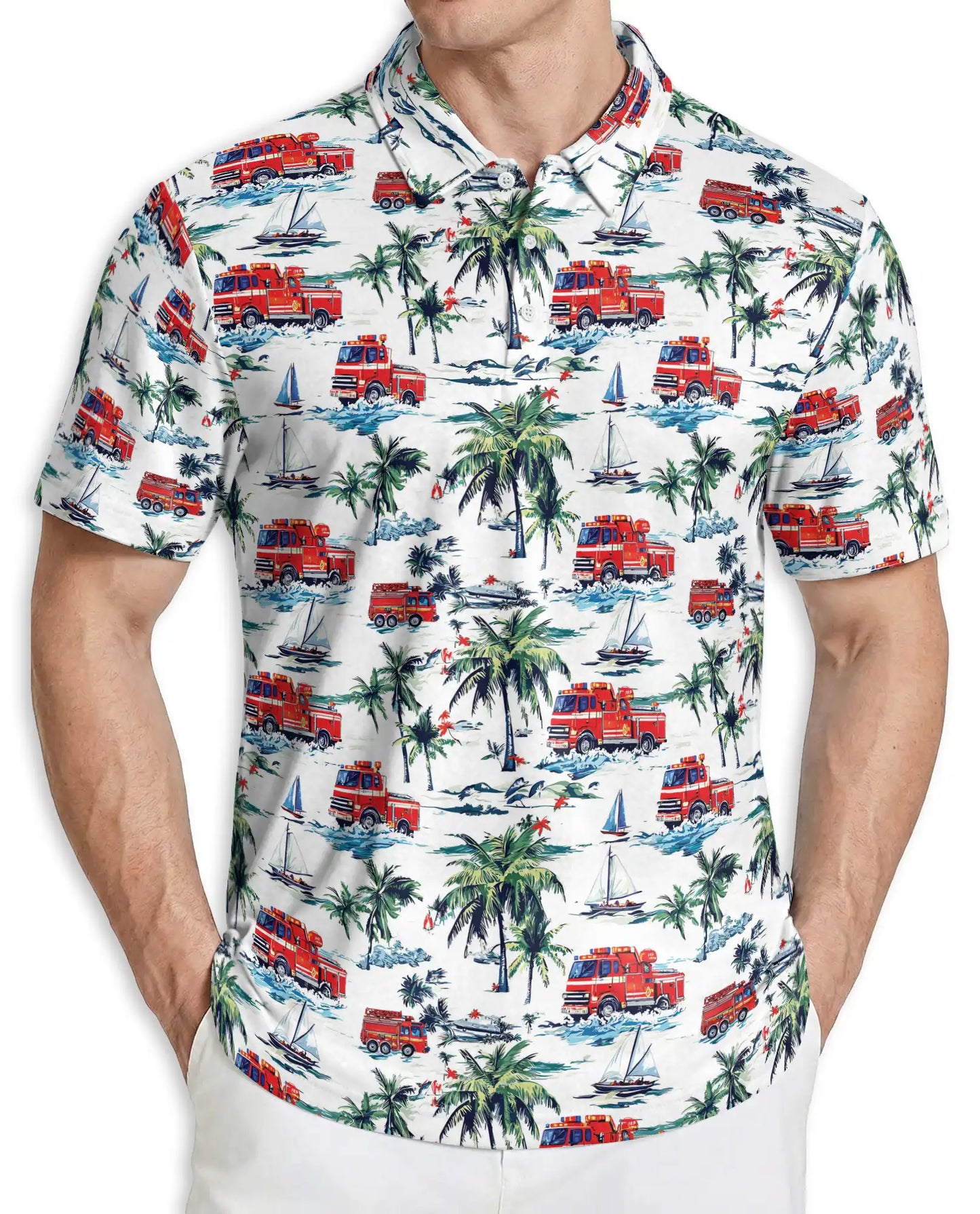 Fire Truck Beach Pattern Polo Shirt | Azhawaiian