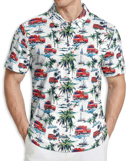 Fire Truck Beach Pattern Polo Shirt | Azhawaiian