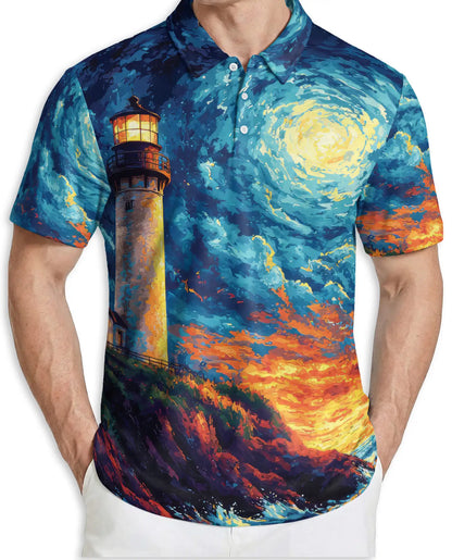 Lighthouse Polo Shirt, Coastal Seascape Art Print | Azhawaiian