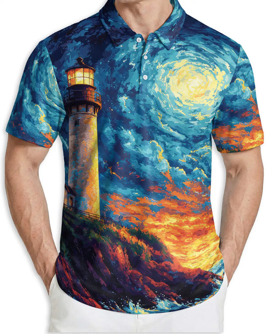 Lighthouse Polo Shirt, Coastal Seascape Art Print | Azhawaiian