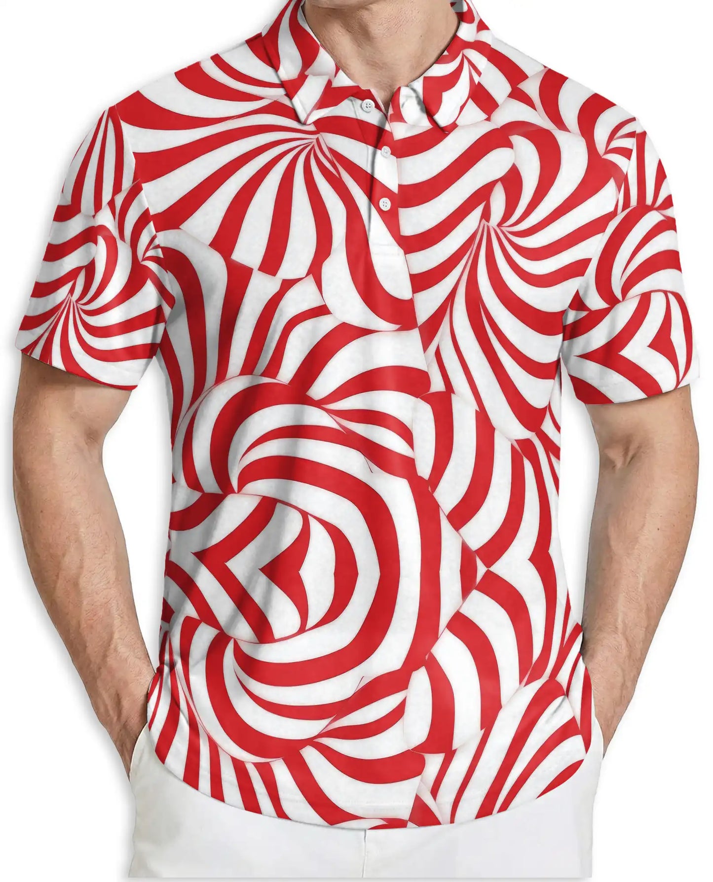 Red Swirl Polo Shirt, Abstract Optical Print | Azhawaiian