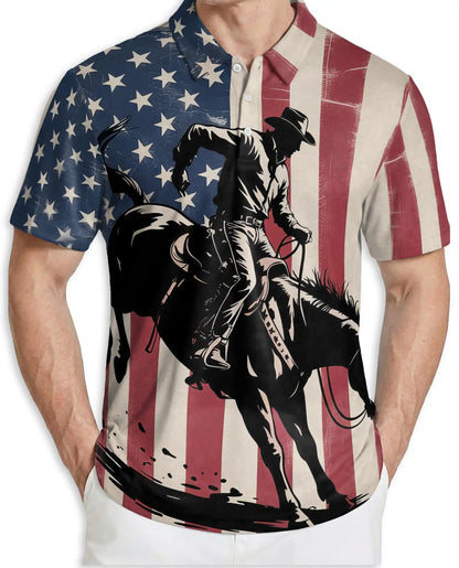 American Rodeo Polo Shirt for Men, USA Flag Western Style | Azhawaiian