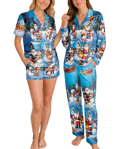 Santa & Snowman Christmas Pajama Set for Women – Snowy Village Music Print