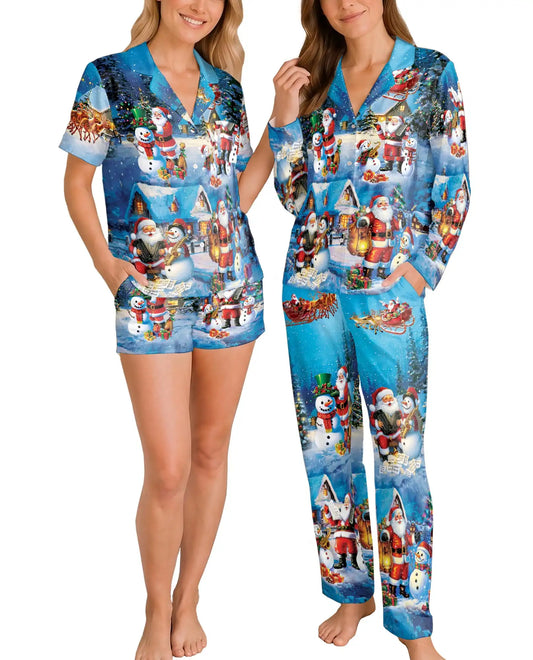 Santa & Snowman Christmas Pajama Set for Women – Snowy Village Music Print