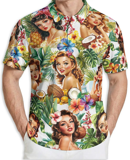 Tropical Pin Up Polo Shirt - Vintage Island Beauty Style | Azhawaiian