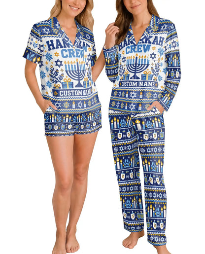 Personalized Hanukkah Crew Pajama Set for Women – Custom Name Navy Blue Menorah Print