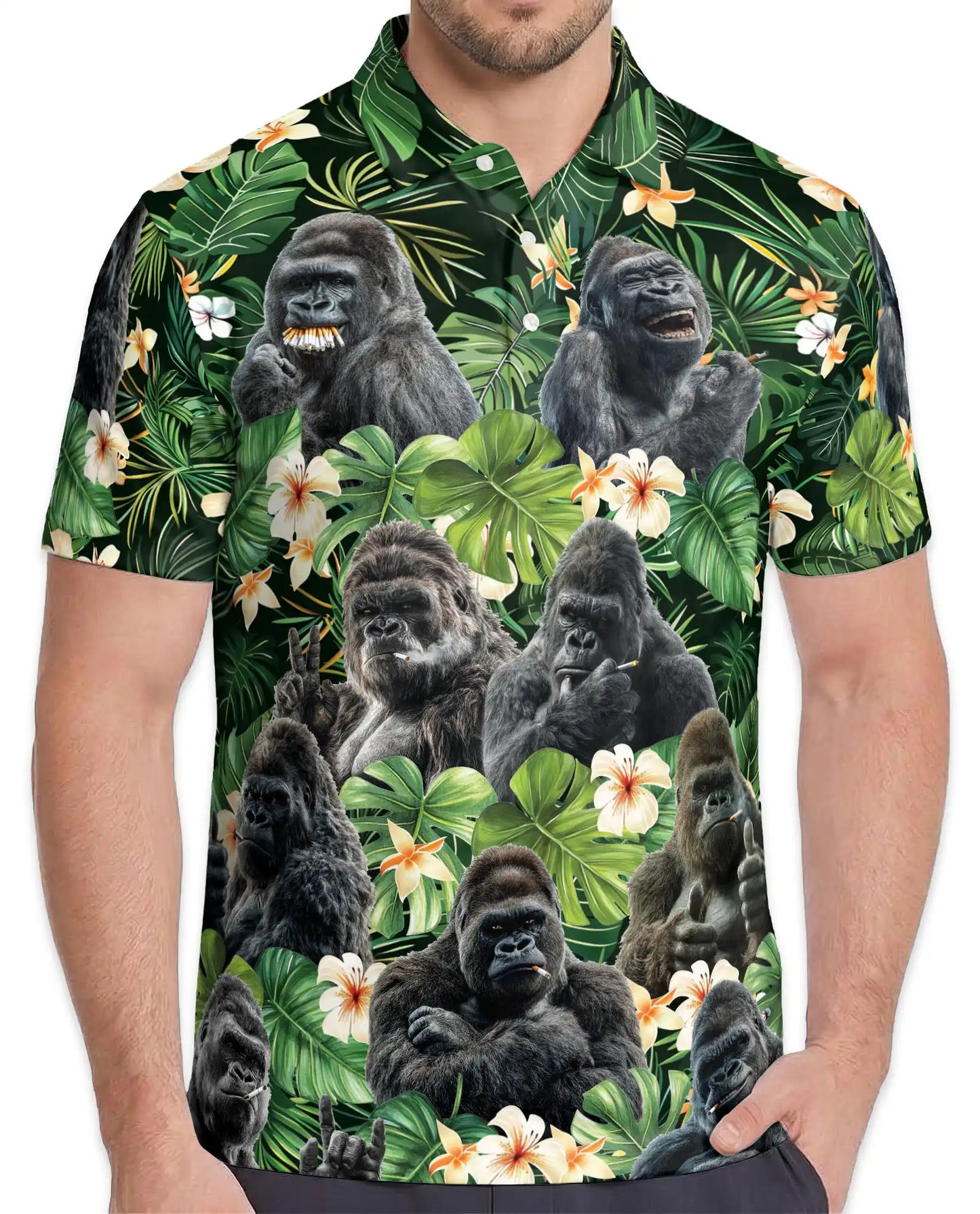 Gorilla Jungle Polo Shirt for Men, Wild Animal Print Tropical | Azhawaiian