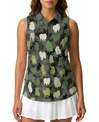 Pomeranian Camouflage Pattern Sleeveless Polo Shirt for Women | Azhawaiian