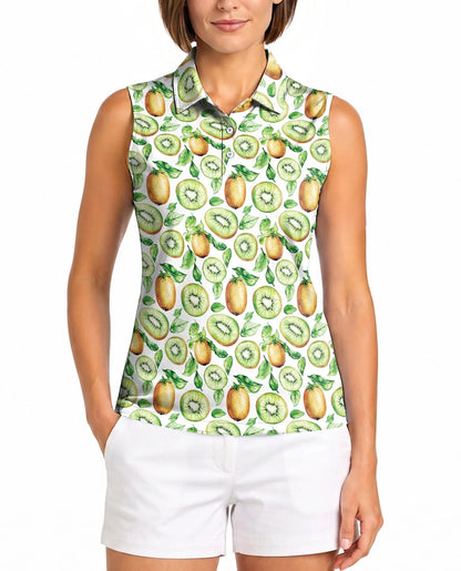 Kiwi Pattern Sleeveless Polo Shirt for Women | Azhawaiian