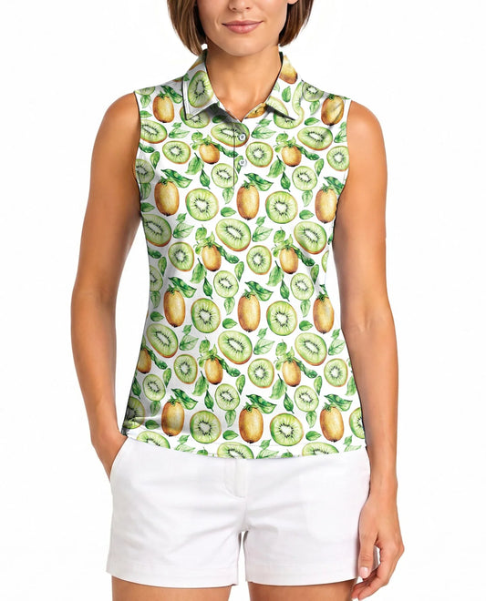 Kiwi Pattern Sleeveless Polo Shirt for Women | Azhawaiian