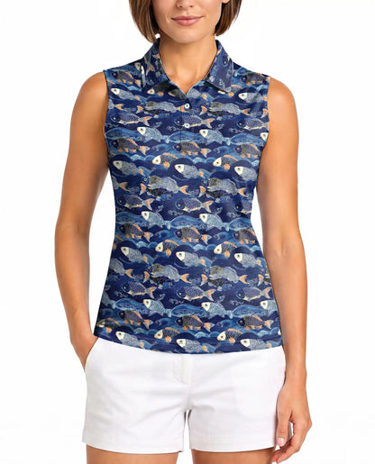 Japanese Koi Fish And Waves Sleeveless Polo Shirt for Women | Azhawaiian