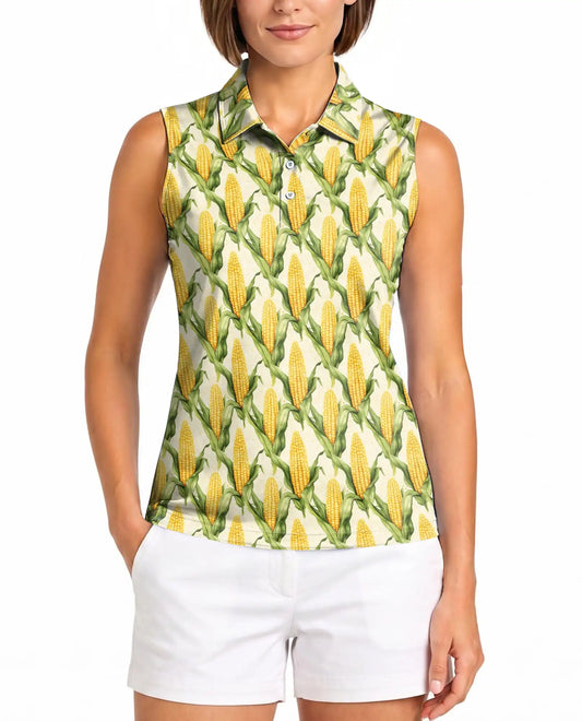 Sweet Corn Pattern Sleeveless Polo Shirt for Women, Cute Food Lover Style | Azhawaiian