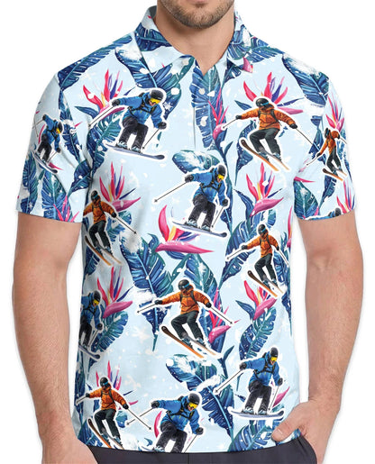Tropical Skiing Polo Shirt for Men, Winter Adventure Pattern | Azhawaiian