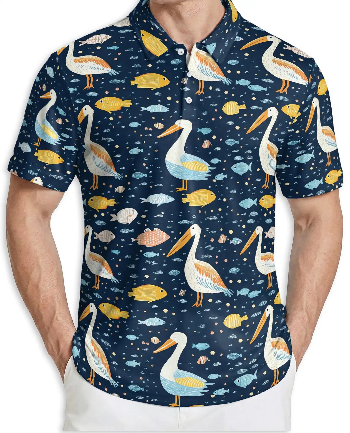 Pelican Ocean 3D Polo Shirt for Men, Coastal Marine Wildlife Style | Azhawaiian