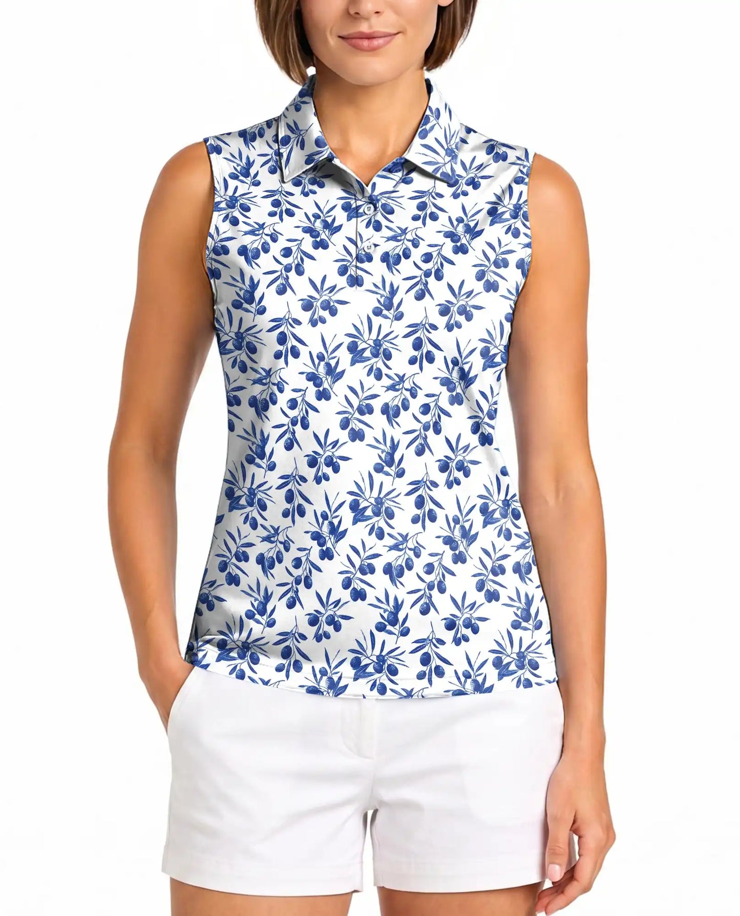 Blue Olive Branch Print Sleeveless Polo Shirt for Women | Azhawaiian