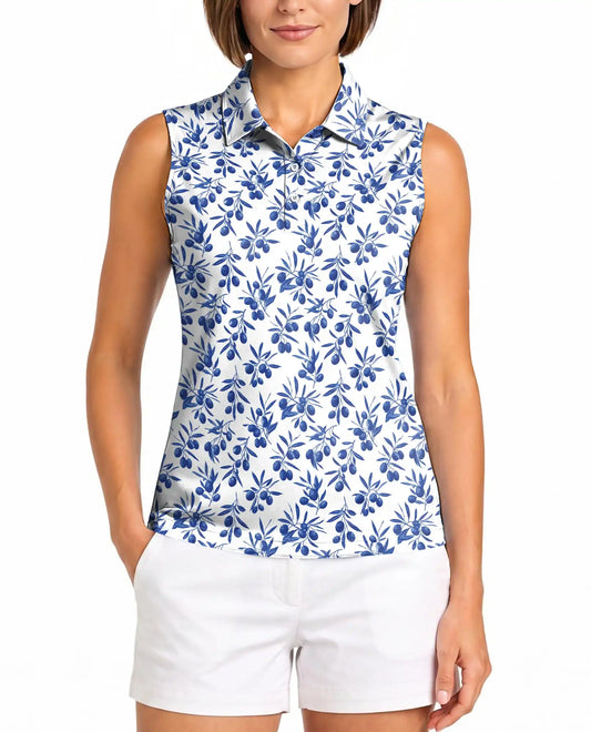 Blue Olive Branch Print Sleeveless Polo Shirt for Women | Azhawaiian