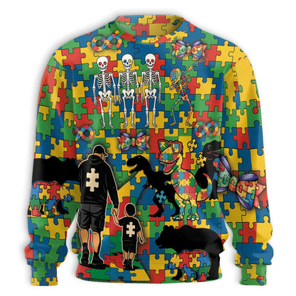 Dad and Son Dinosaur Skeleton Puzzle Pieces Sweatshirt – Colorful Graphic 3D All Over Print Design