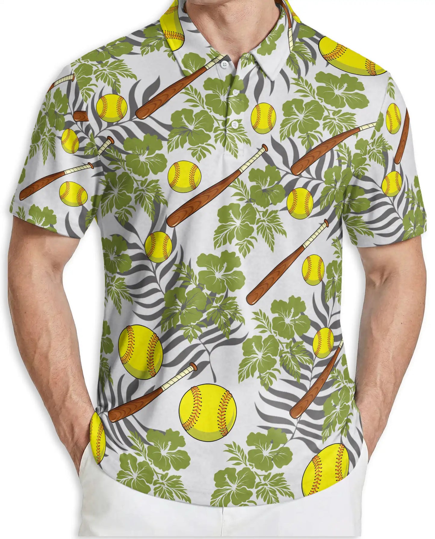 Softball Tropical 3D Polo Shirt for Men, Bat and Ball Summer Style | Azhawaiian