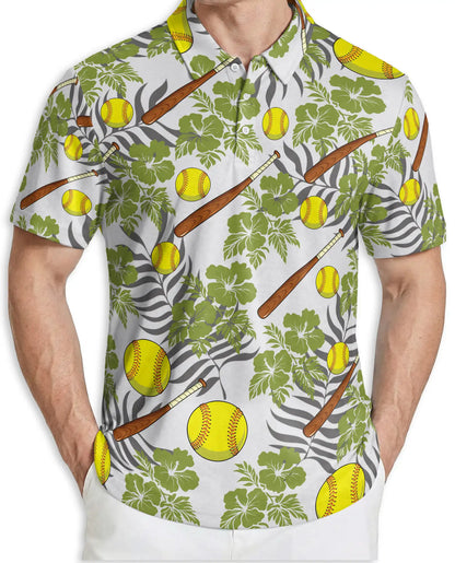Softball Tropical 3D Polo Shirt for Men, Bat and Ball Summer Style | Azhawaiian