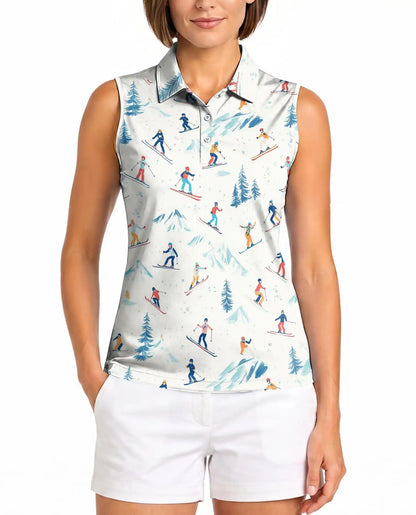 Ski Print Sleeveless Polo Shirt for Women, Winter Sports Adventure Style | Azhawaiian