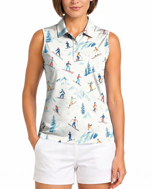 Ski Print Sleeveless Polo Shirt for Women, Winter Sports Adventure Style | Azhawaiian
