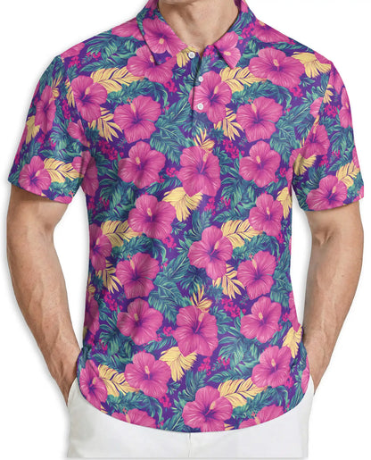 Hibiscus Floral 3D Polo Shirt for Men, Tropical Summer Flower Style | Azhawaiian