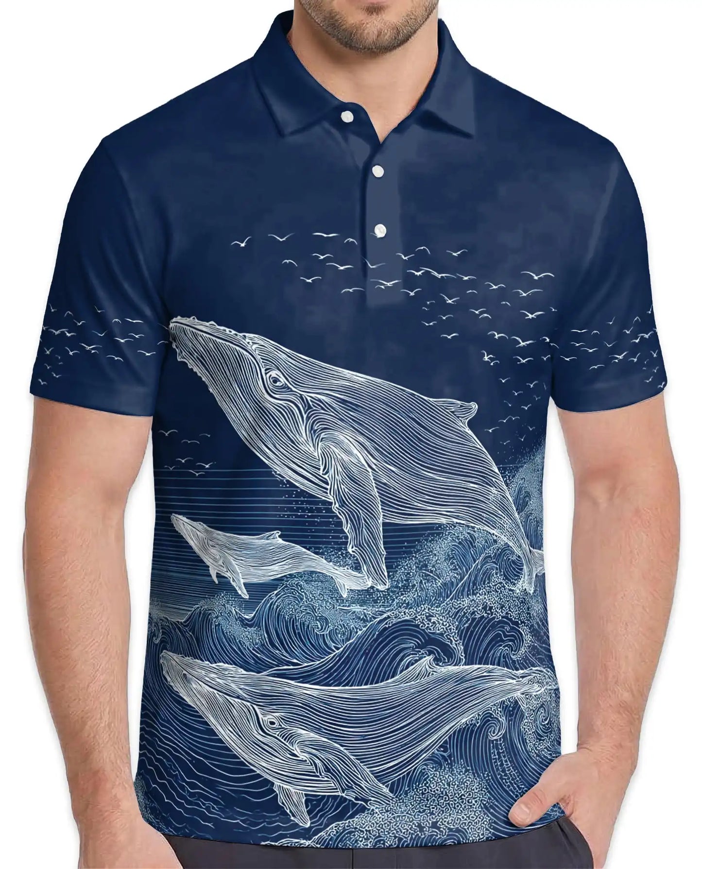 Whale Polo Shirt - Ocean Wave Marine Life Coastal Design | Azhawaiian
