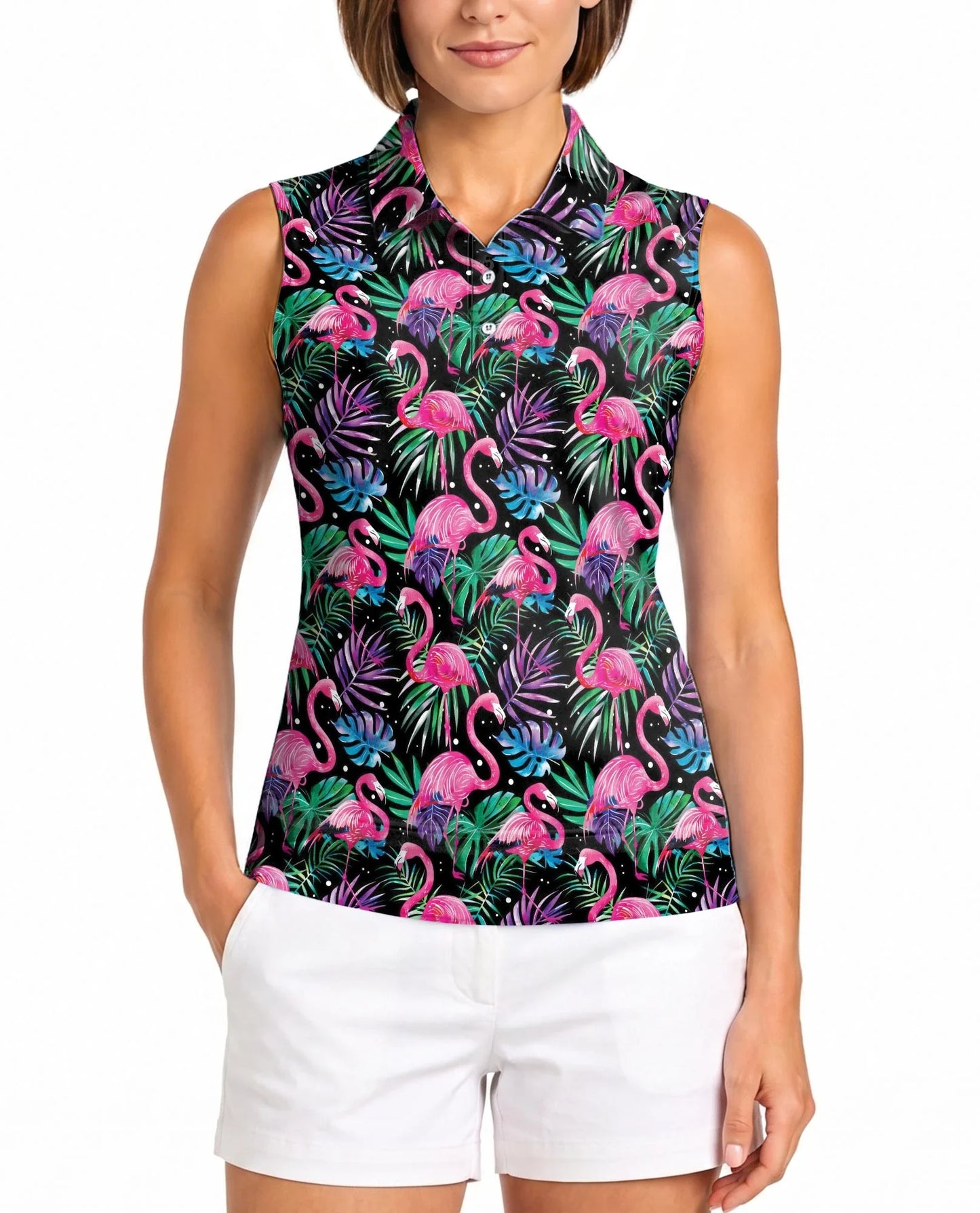 Flamingo Leaf Summer Sleeveless Polo Shirt for Women, Tropical Beach Style | Azhawaiian