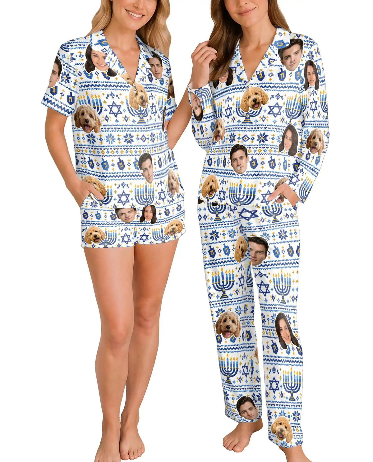 Personalized Hanukkah Menorah Pajamas for Women – Custom Face & Pet Photo Print