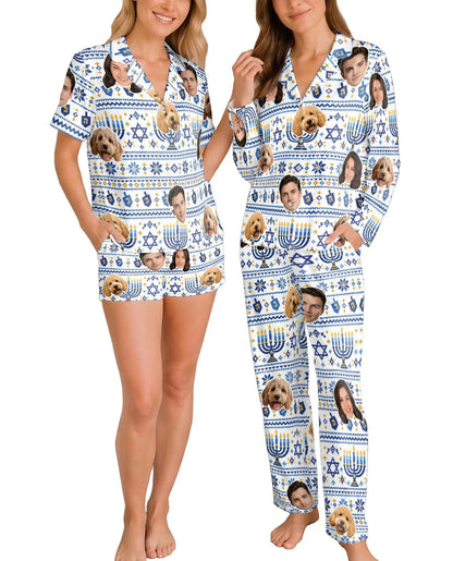 Personalized Hanukkah Menorah Pajamas for Women – Custom Face & Pet Photo Print
