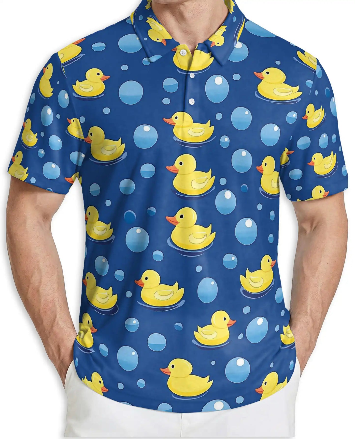 Cute Rubber Duck Bubble 3D Polo Shirt for Men, Fun Cartoon Bath Style | Azhawaiian