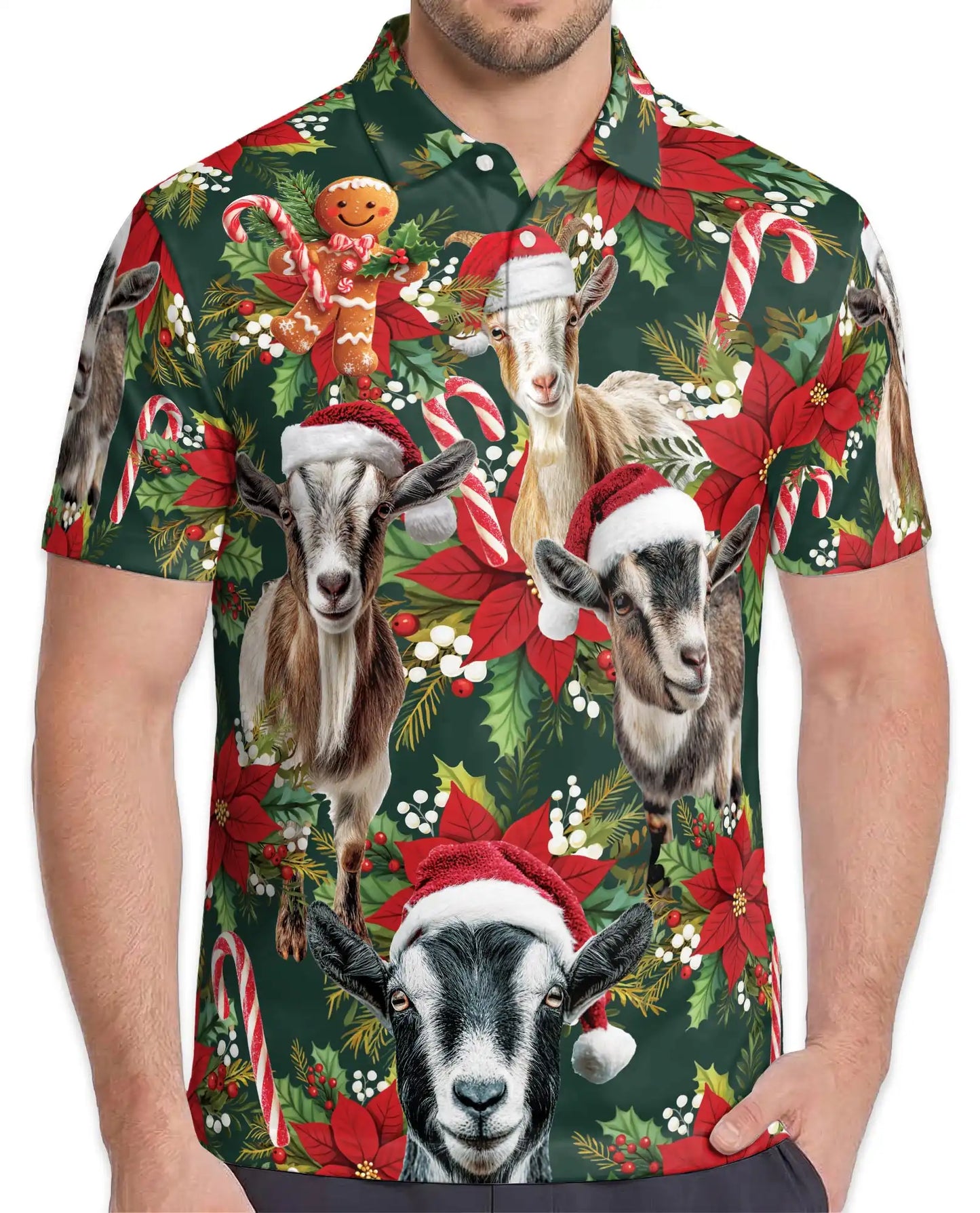 Christmas Goat Farm 3D Polo Shirt for Men, Funny Holiday Animal Style | Azhawaiian