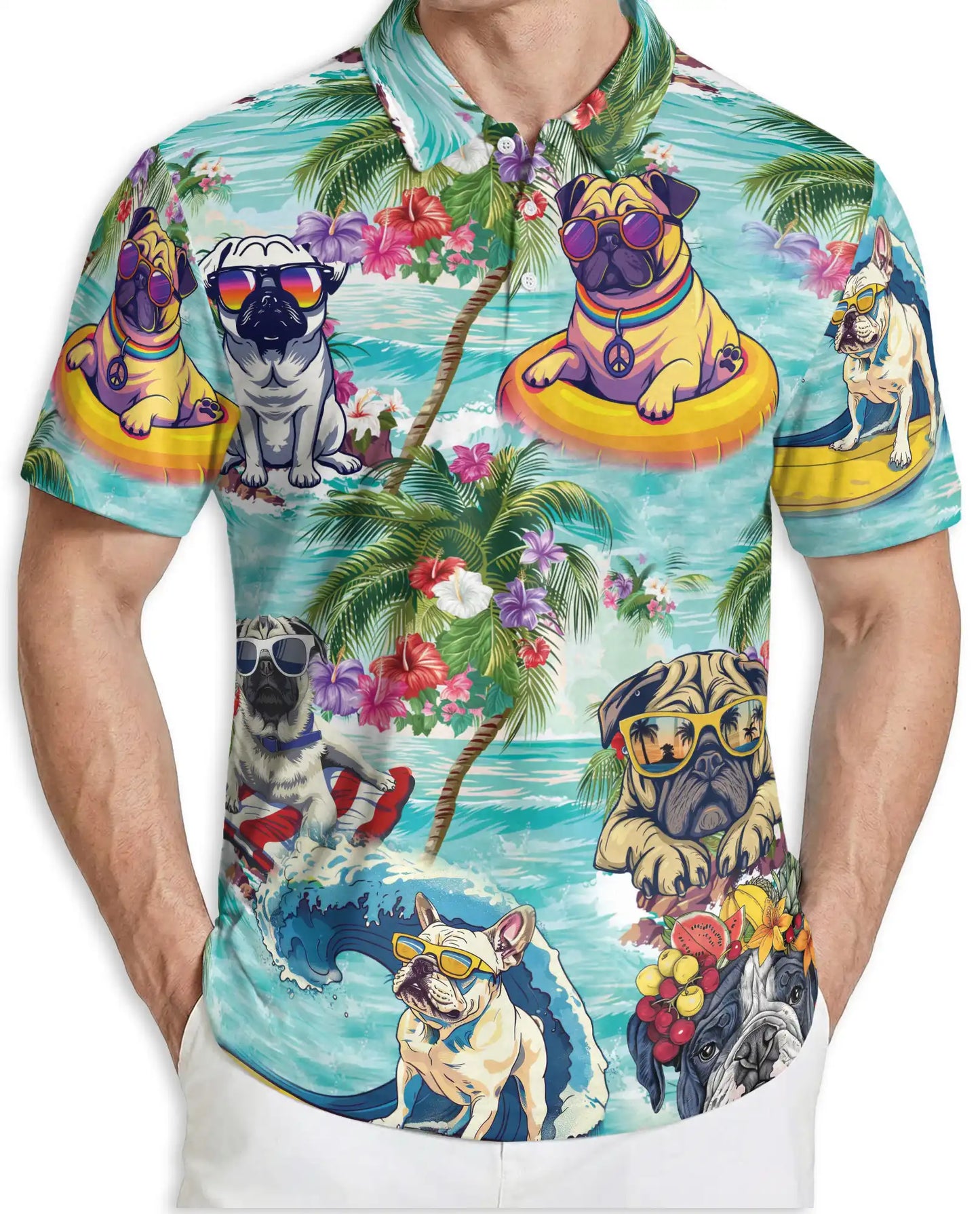 Funny Pug Beach Polo Shirt - Tropical Summer Dog Style | Azhawaiian