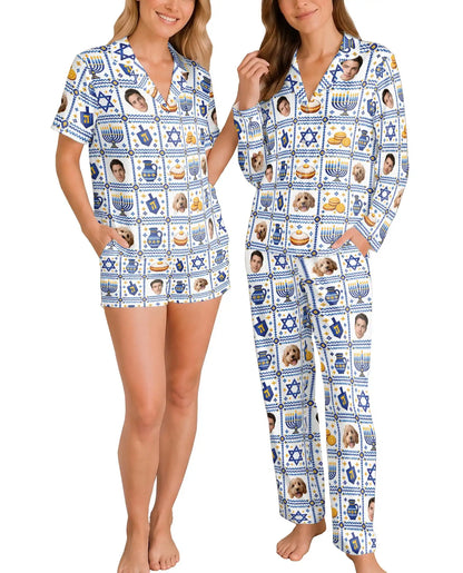Personalized Hanukkah Photo Pajama Set for Women – Custom Face & Pet Print