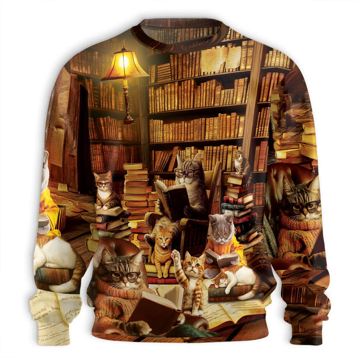 Library Cats Reading Books Sweatshirt – Colorful Graphic 3D All Over Print Design