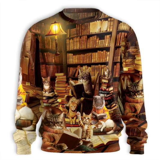 Library Cats Reading Books Sweatshirt – Colorful Graphic 3D All Over Print Design