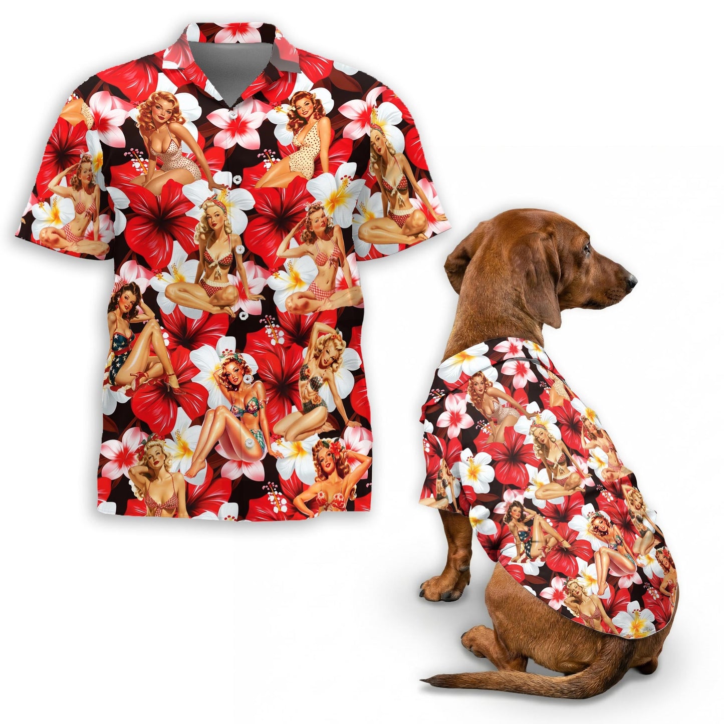 Pinup Girls Retro Matching Dog Owner Hawaiian Shirts, Funny Pet Aloha Shirt for Beach Vacation - Azhawaiian