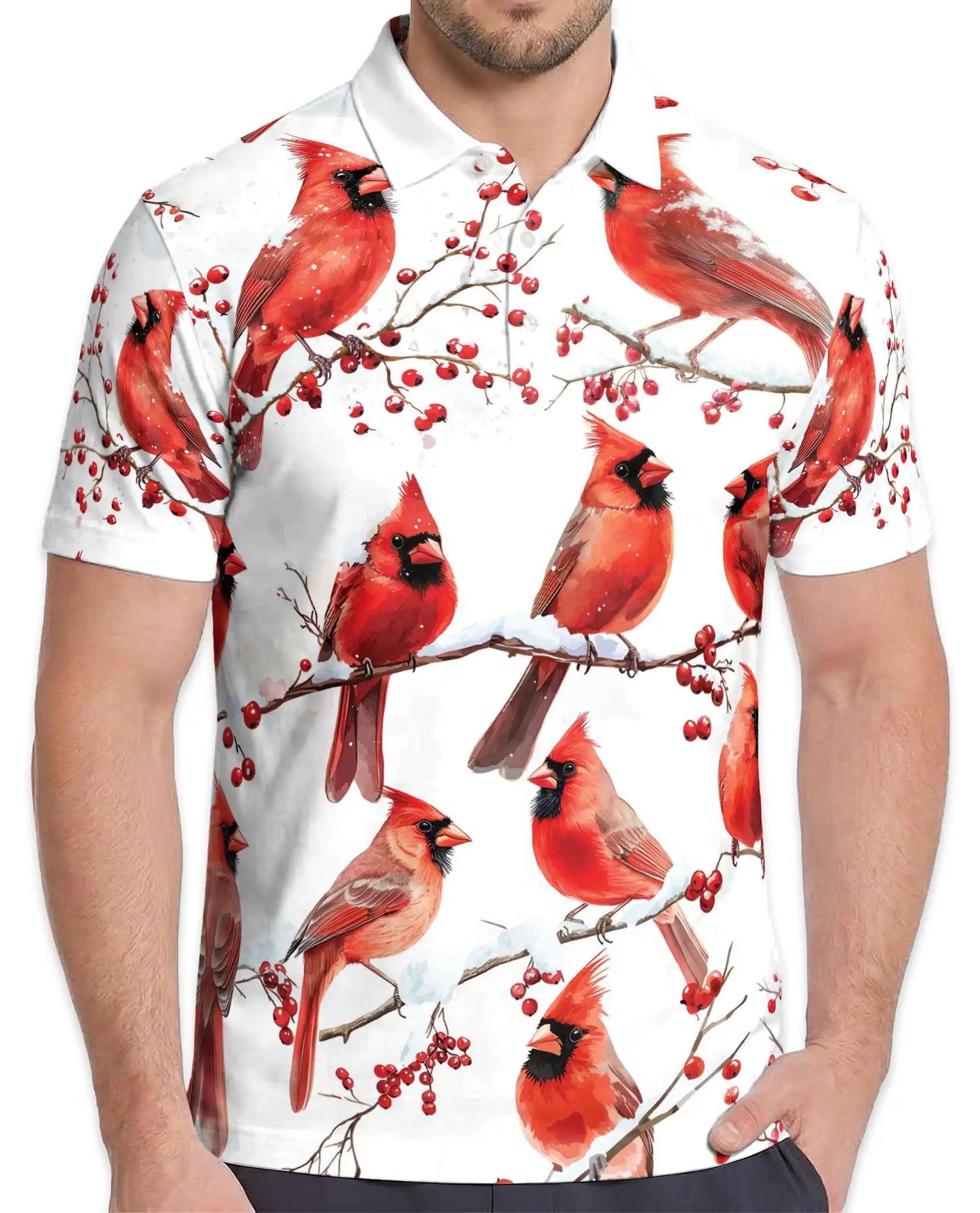 Red Cardinal Polo Shirt - Winter Songbird Nature Style | Azhawaiian