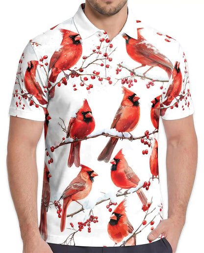 Red Cardinal Polo Shirt - Winter Songbird Nature Style | Azhawaiian