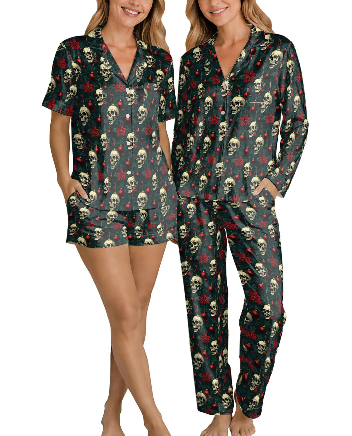 Gothic Christmas Skull Pajama Set for Women – Gold Skull Print