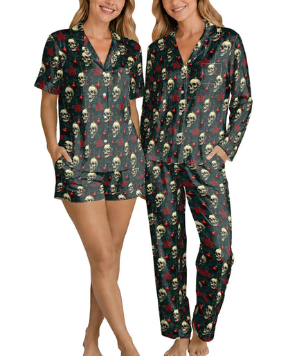 Gothic Christmas Skull Pajama Set for Women – Gold Skull Print