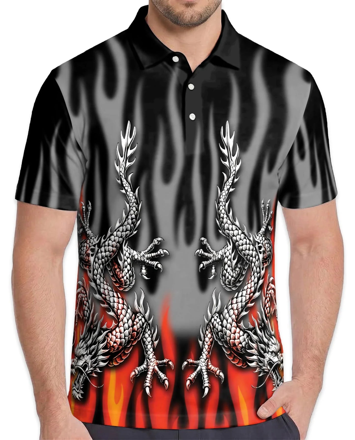 Fire Dragon Polo Shirt for Men, Flaming Fantasy Design | Azhawaiian
