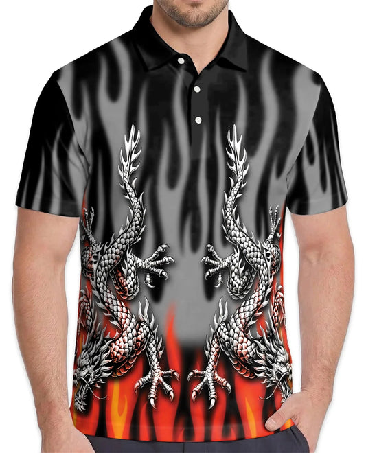 Fire Dragon Polo Shirt for Men, Flaming Fantasy Design | Azhawaiian