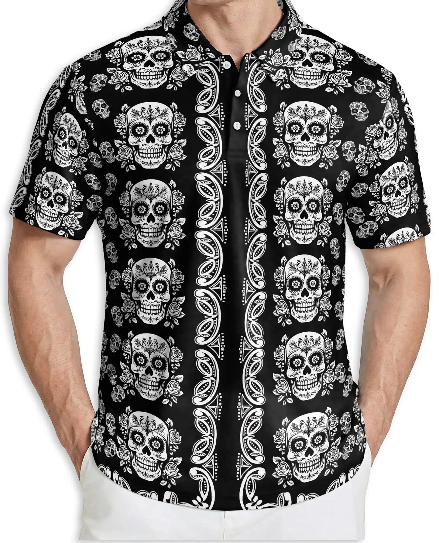 Sugar Skull Polo Shirt, Black Gothic Floral Print | Azhawaiian