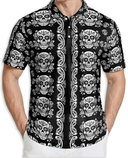 Sugar Skull Polo Shirt, Black Gothic Floral Print | Azhawaiian
