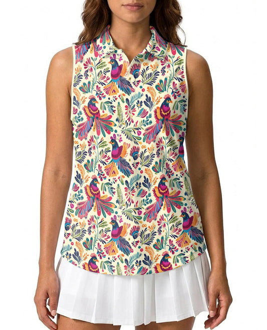 Folk Art Tropical Bird Sleeveless Polo Shirt for Women | Azhawaiian