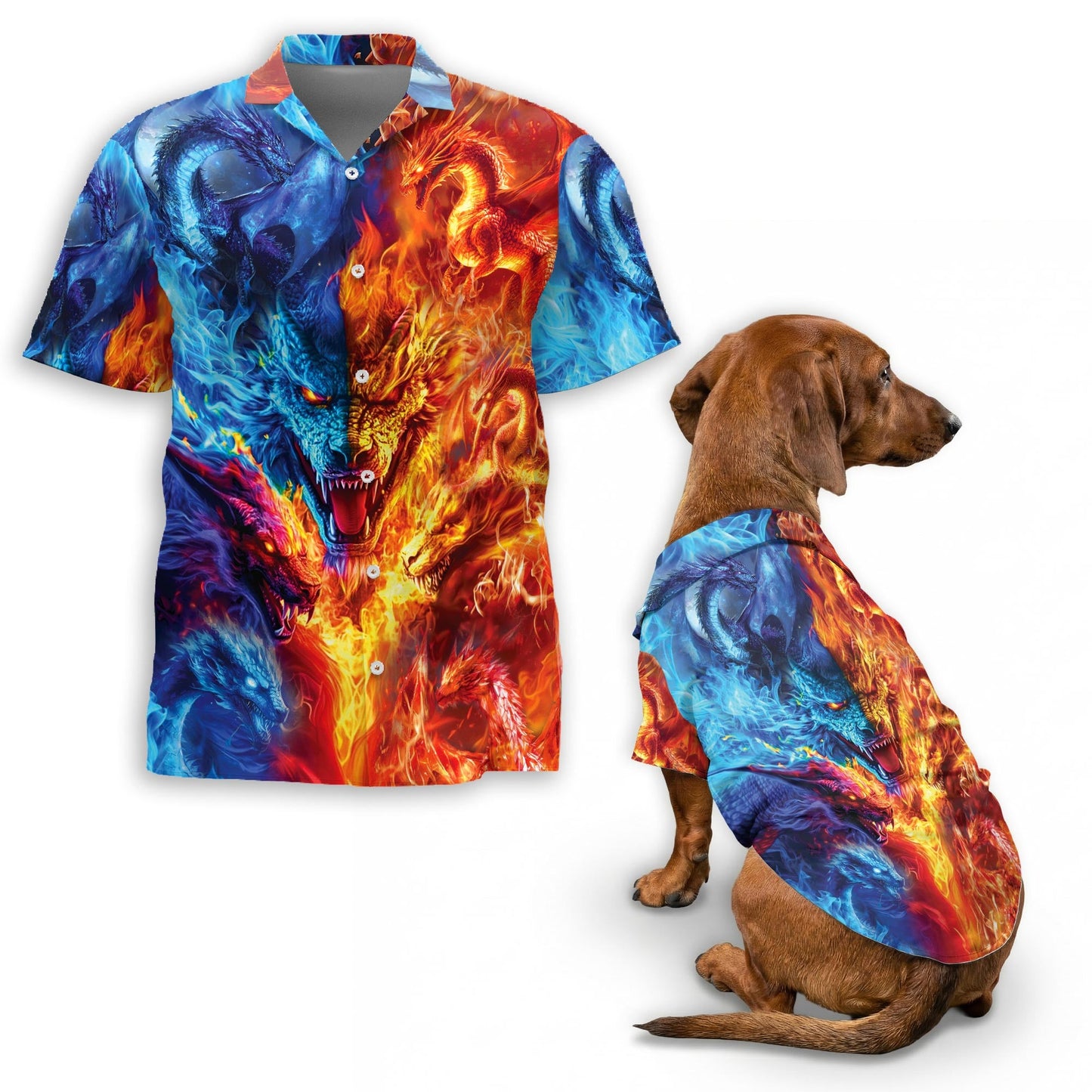 Fire Dragon Matching Dog Owner Hawaiian Shirts, Funny Pet Aloha Shirt for Beach Vacation - Azhawaiian