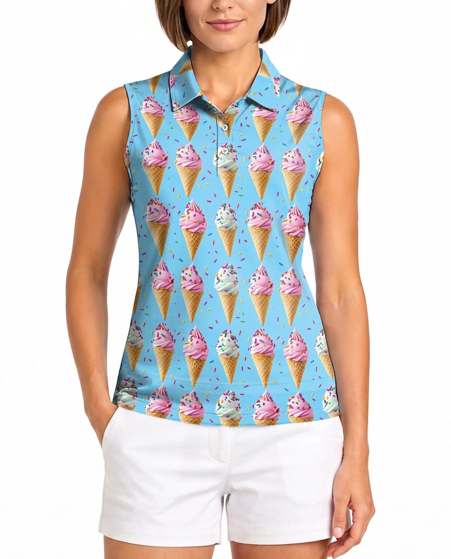 Ice Cream Pattern Sleeveless Polo Shirt for Women | Azhawaiian