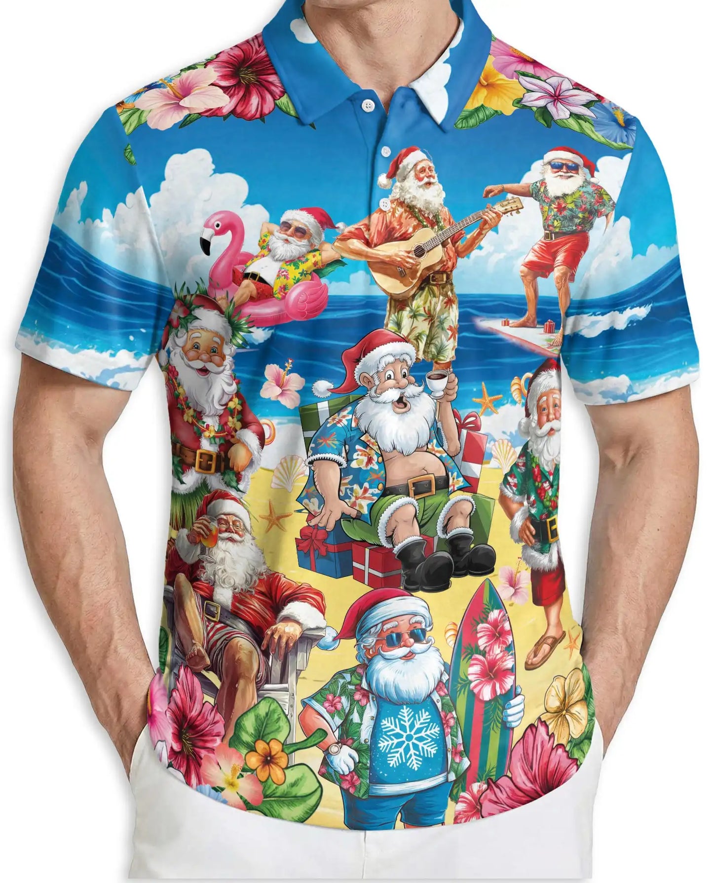 Santa Beach Holiday Polo Shirt for Men, Summer Hawaiian Xmas Shirt | Azhawaiian