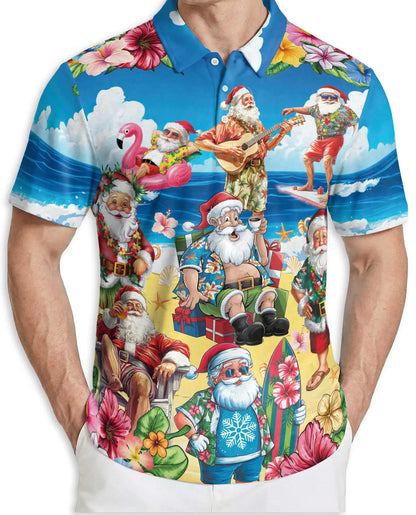 Santa Beach Holiday Polo Shirt for Men, Summer Hawaiian Xmas Shirt | Azhawaiian